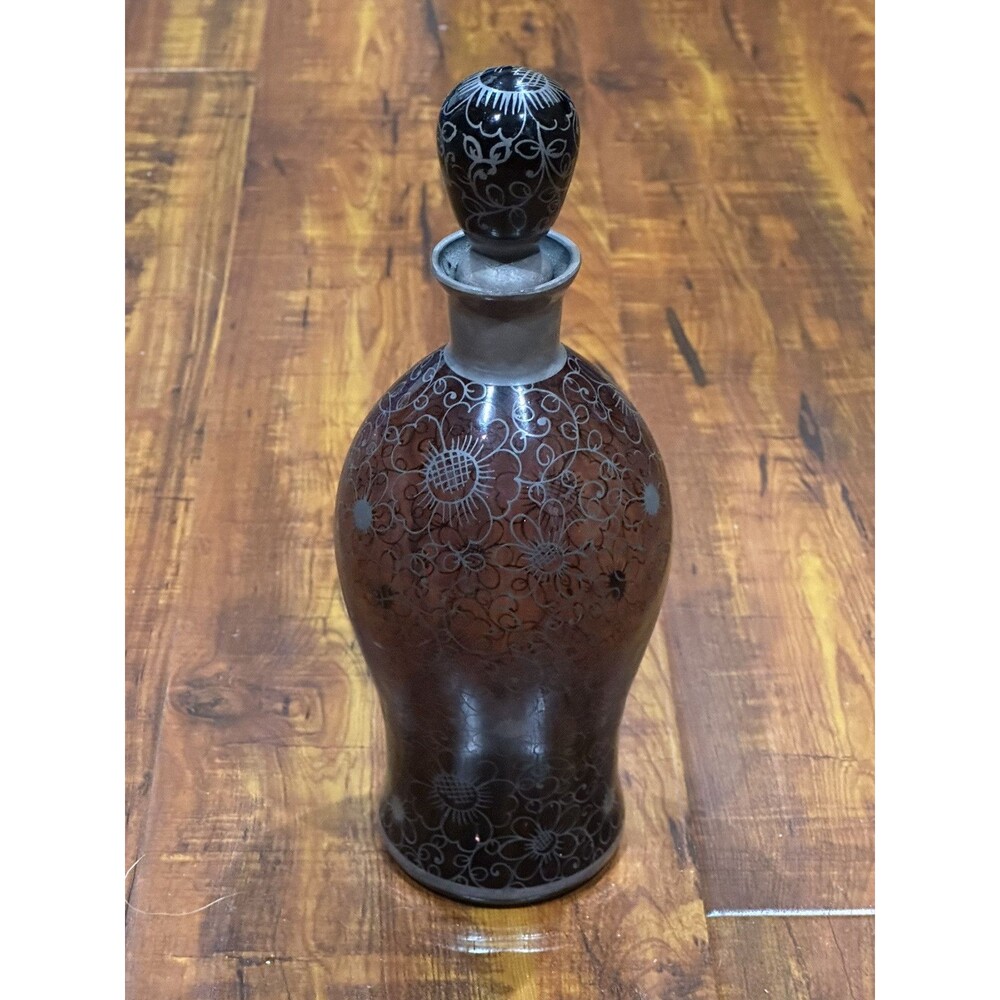 Vintage Venetian Purple Crystal 10” Glass Decanter with Silver Floral Overlay